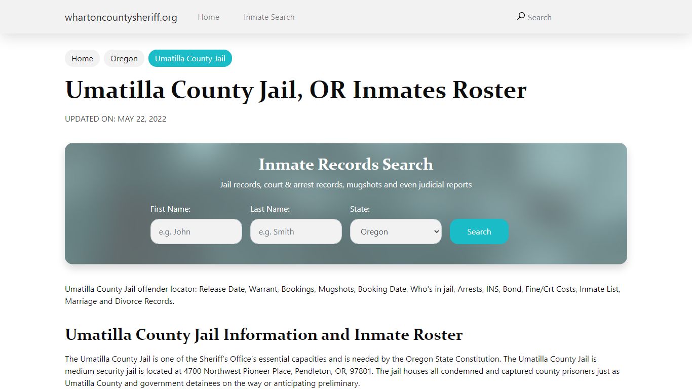 Umatilla County Jail, OR Jail Roster, Name Search